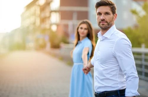Confident man reconnecting with his partner in a long-term relationship, symbolizing attraction and masculinity