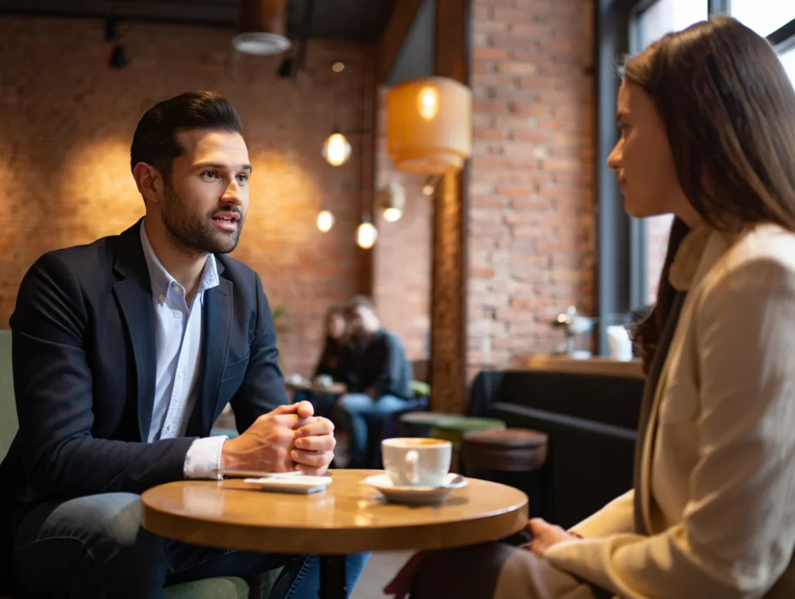 Confident masculine man leading a conversation with a woman in a subtle, attractive way