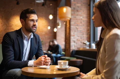 Confident masculine man leading a conversation with a woman in a subtle, attractive way