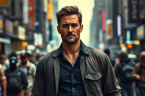 Confident man standing calm in chaos, symbolizing emotional resilience