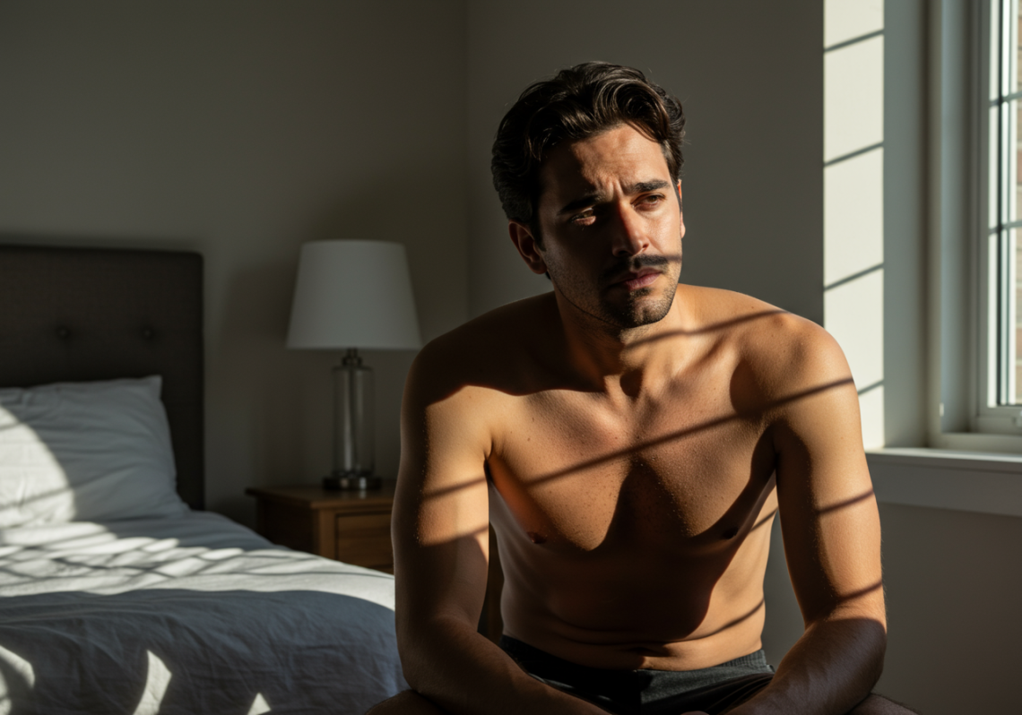 Man recovering from performance anxiety in bedroom