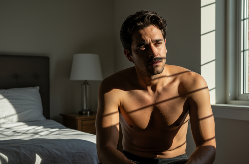 Man recovering from performance anxiety in bedroom