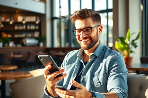 Confident man adding humor to his dating profile in a modern café