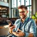 Confident man adding humor to his dating profile in a modern café