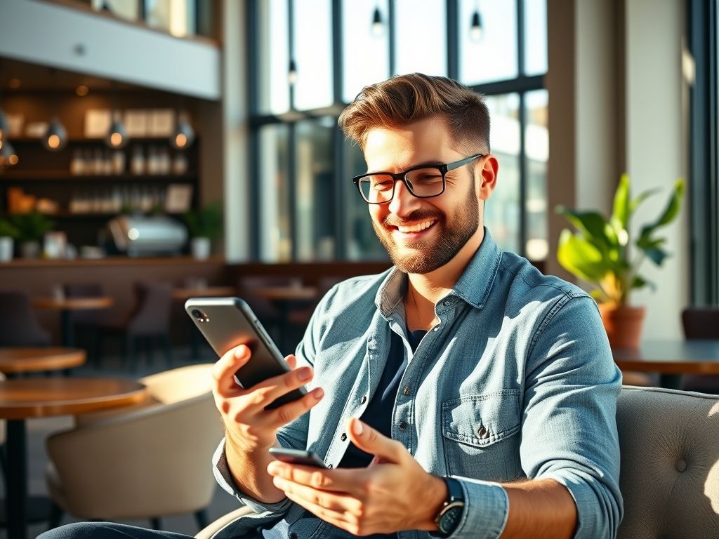 Confident man adding humor to his dating profile in a modern café
