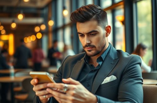Serious man using dating app intentionally in modern coffee shop