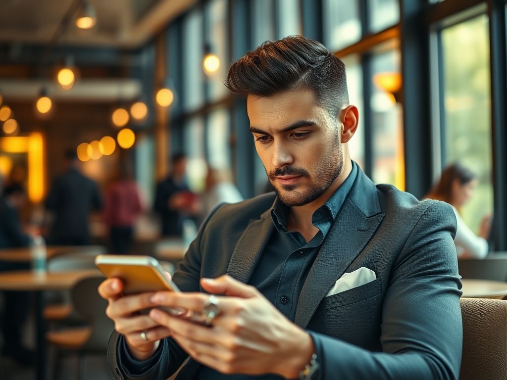 Serious man using dating app intentionally in modern coffee shop